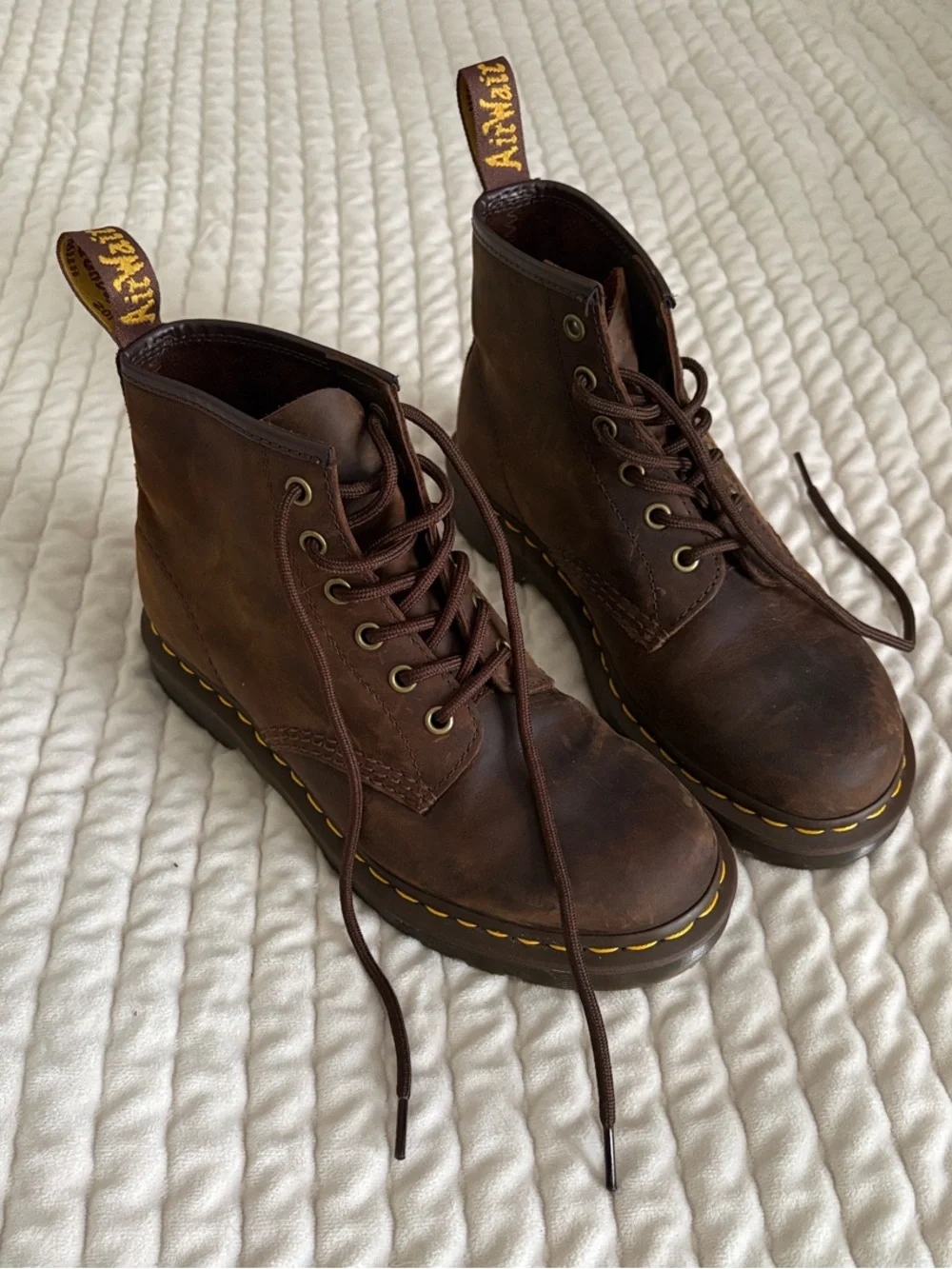 Dr. Martens Brown Leather Lace-Up Combat Boots with Yellow Stitching - Picture 1 of 4